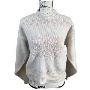 Vintage Thackery Knit Nordic Snowflake Sweater Cream Pink Pullover Sz Medium